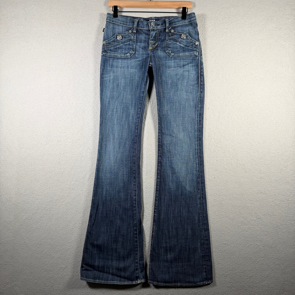 Rock & Republic Womens Flare Leg Jeans Blue Medium Wash Low Rise Size 26 30x34